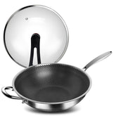 WANGYUANJI 12.6-Inch Honeycomb Nonstick Stainless Steel Wok with Glass Lid – Stir-Fry Pan for Induction & Gas Stove